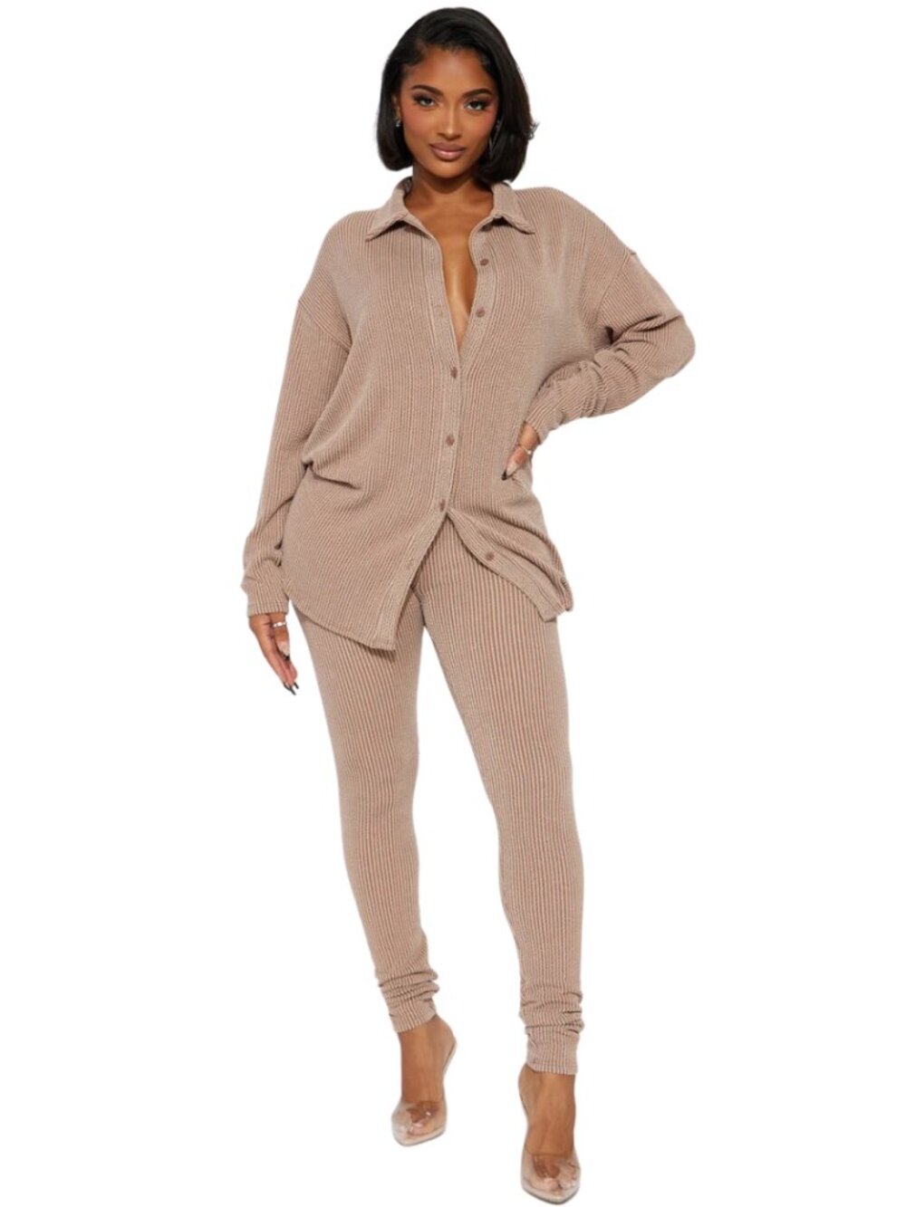 FASHION NOVA Taupe Ribbed Legging Set Button Up Shirt Set XLarge NWT